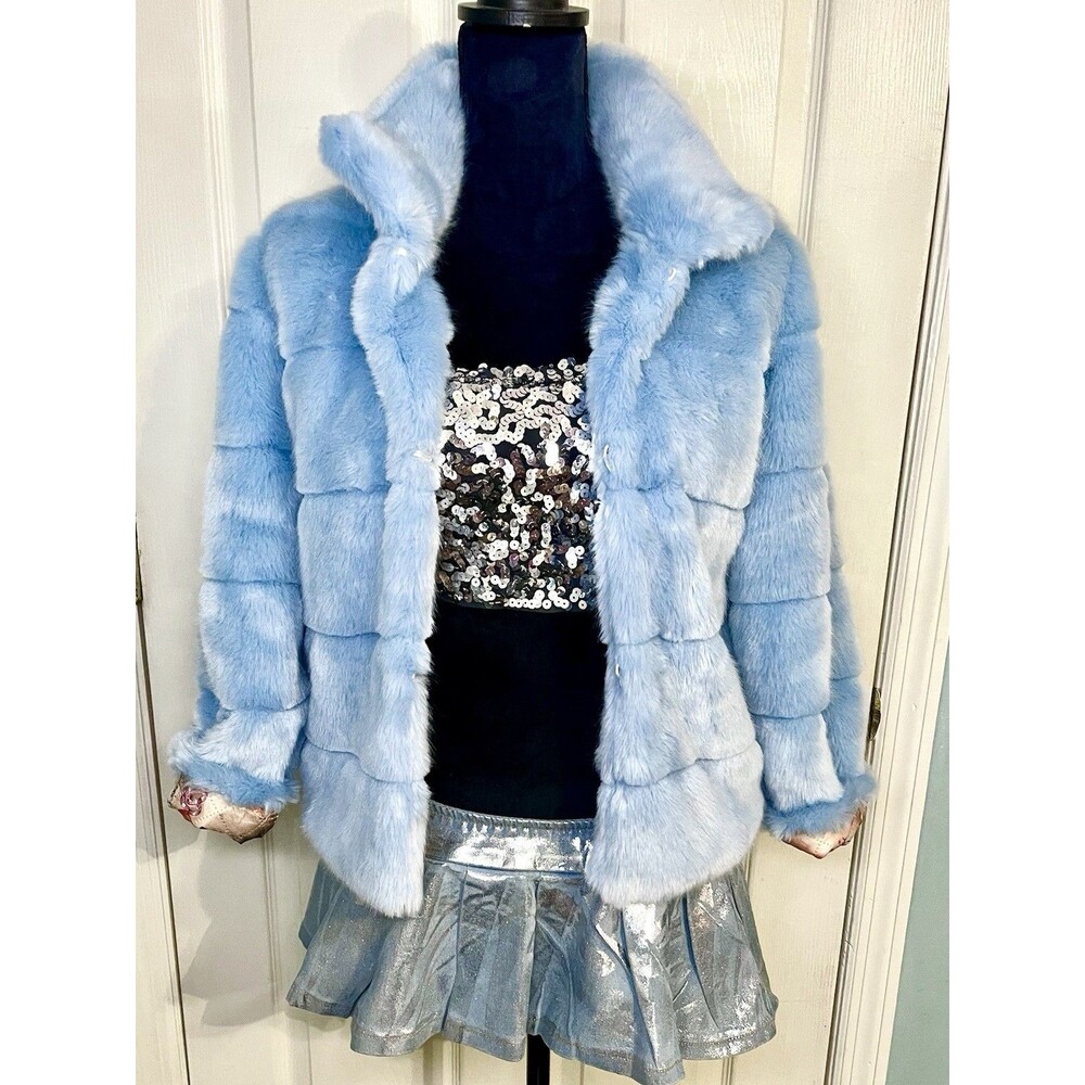 Sky Blue Faux Fur Festival Outfit  SzM Jacket, Sequin Top & Metallic Denim Skirt